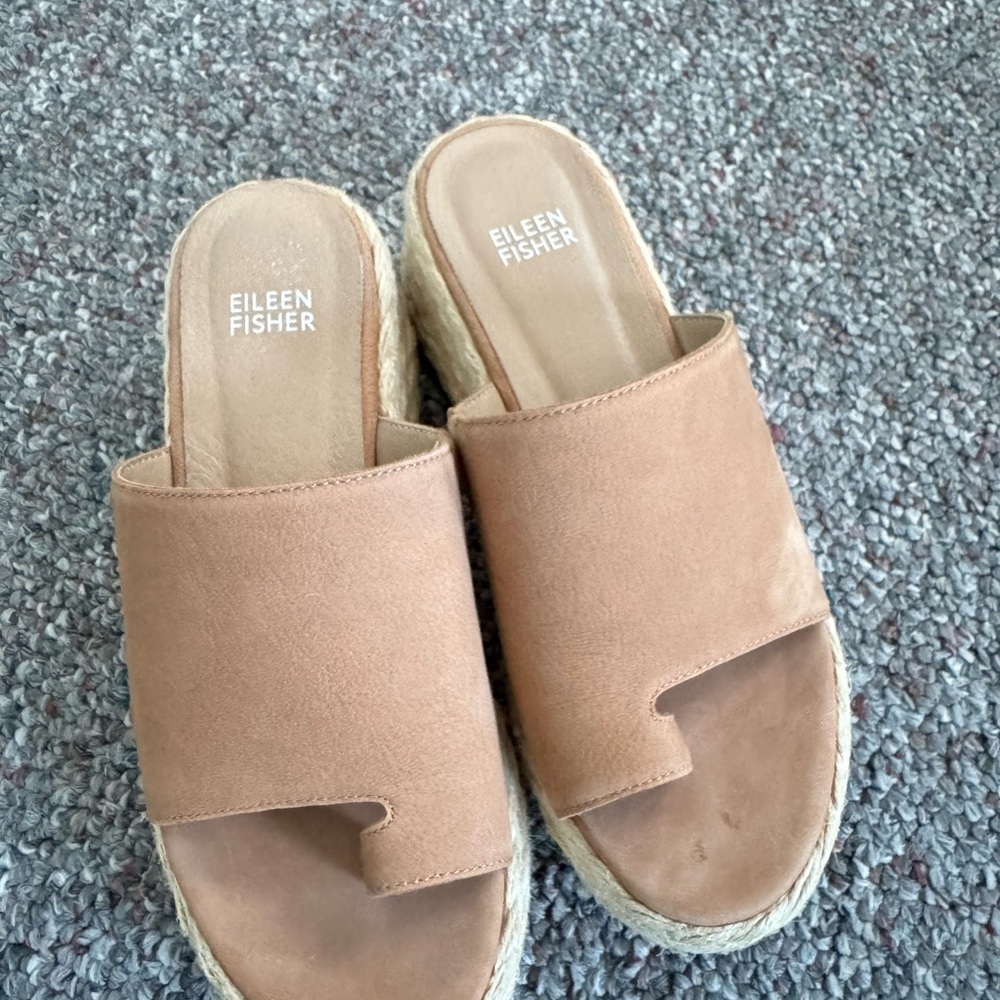 Eileen Fisher Tarry Toe Loop Brown Espadrille Slides Size 6.5 Womens